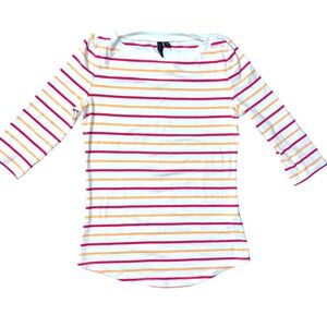 Cynthia Rowley Boat Neck Knit Shirt Medium 3/4 sleeve Cream Coral Striped Top